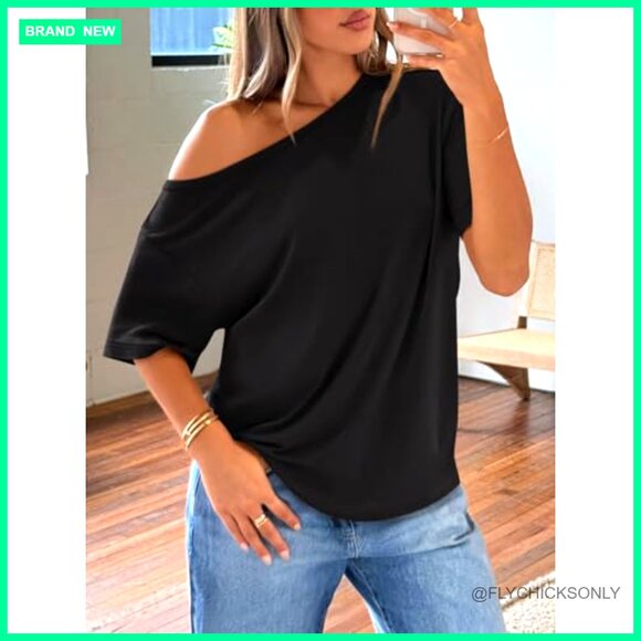 Oversized Off Shoulder Short Sleeve Tee Loose Fit Summer Top - Picture 3 of 5